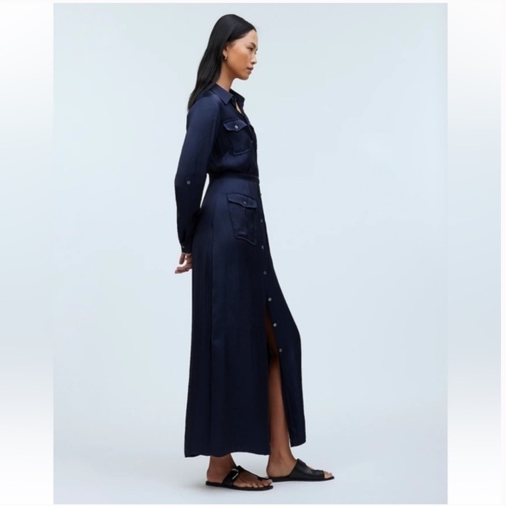 Madewell Button-Front Utility Shirtdress in Satin Women's Size XS in Navy NWT!
